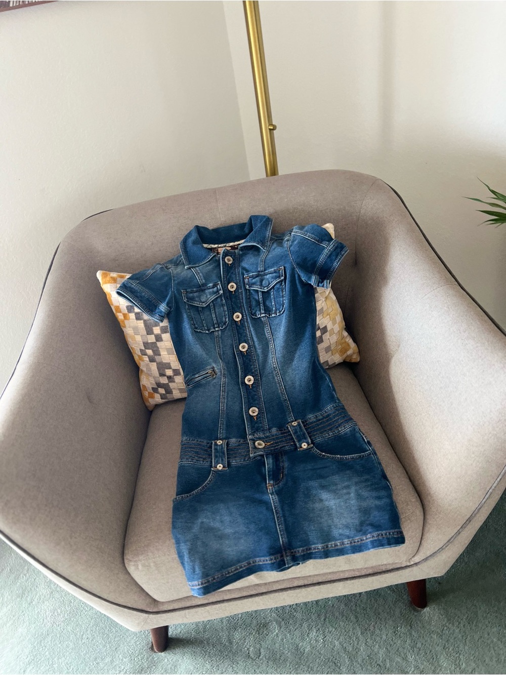 Guess Girls' Blue Denim Button-Front Short Sleeve Dress